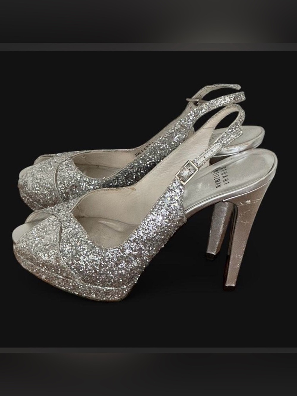 Stuart Weitzman Silver Glitter Slingback Heels